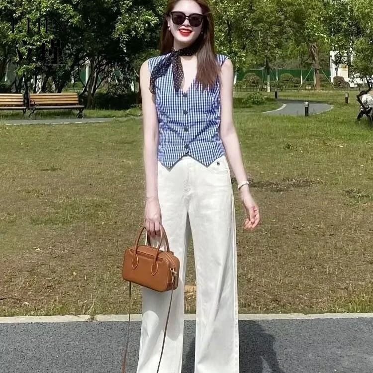 法式小众时尚气质高级感蓝色格子上衣女装休闲白色直筒裤子套装女