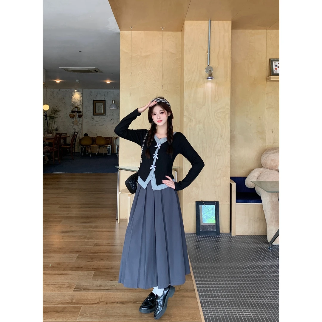 2025秋季大码学院风减龄假两件上衣百褶半身裙套装80429+80330