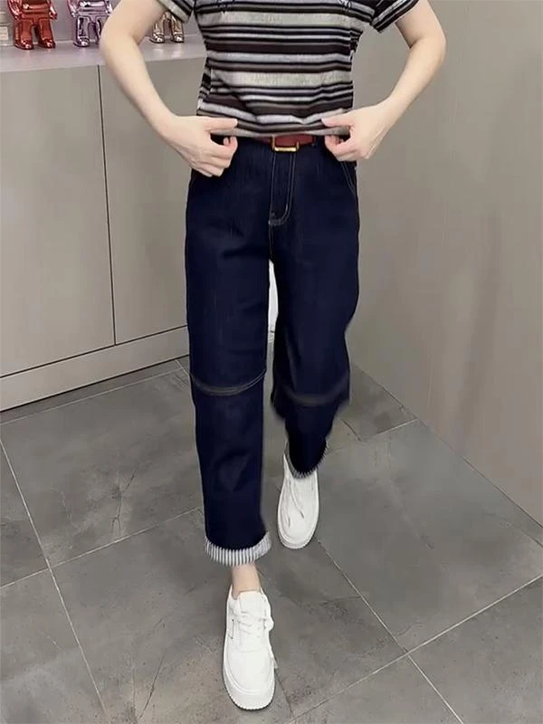 2025秋季新款高腰直筒弯刀牛仔裤女大码百搭卷边宽松阔腿哈伦裤子