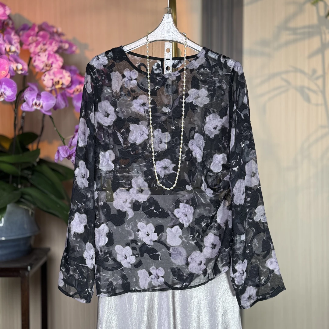 【江南梦】2025春季新款国风纱上衣乔其纱剪花衬衣女圆领气质复古