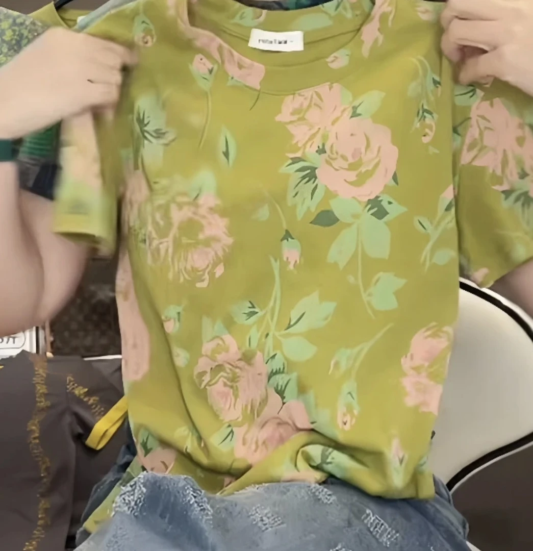 大码洋气印花短袖T恤女夏季新款宽松遮肚子百搭上衣2054