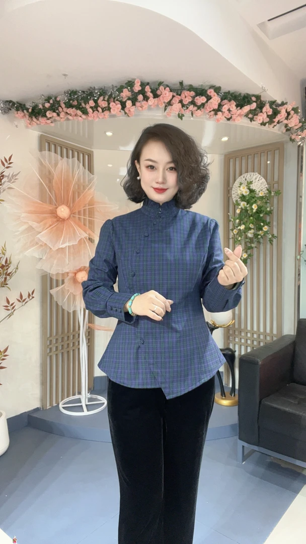 【秋冬加绒】时尚设计感修身显瘦偏襟气质感格纹木耳边长袖衬衫1515