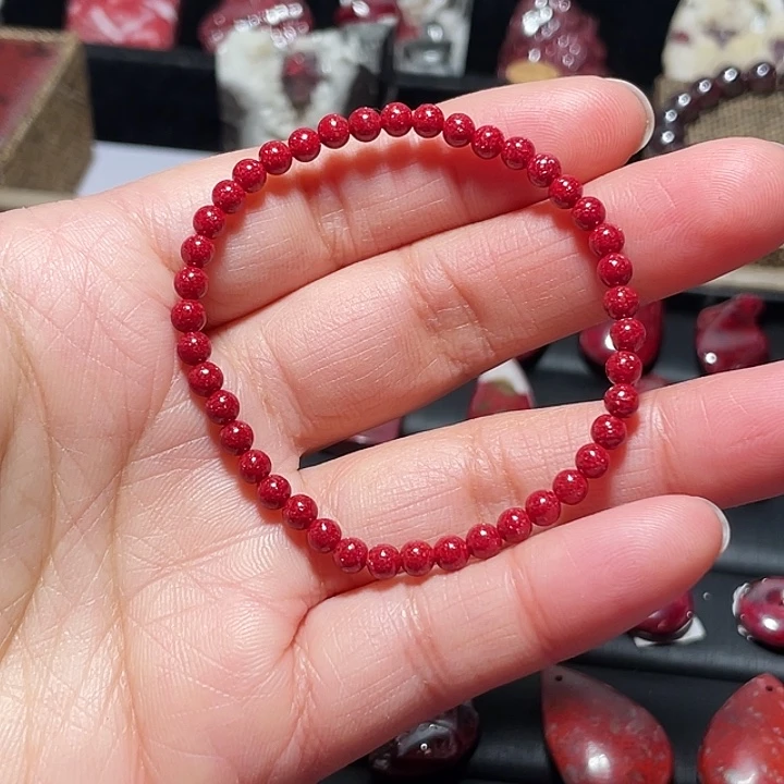 天然辰砂压晶小米珠手链4mm