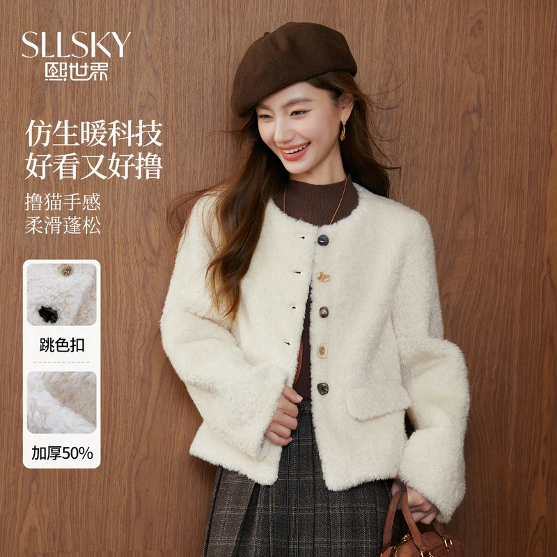 1B4FP005熙世界小香风皮毛一体仿猫绒短外套秋冬新款毛绒开衫上衣