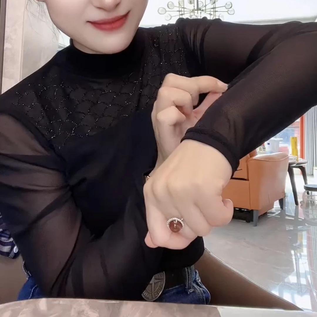 半高领网纱拼接长袖T恤秋冬修身显瘦时尚洋气内搭打底上衣女