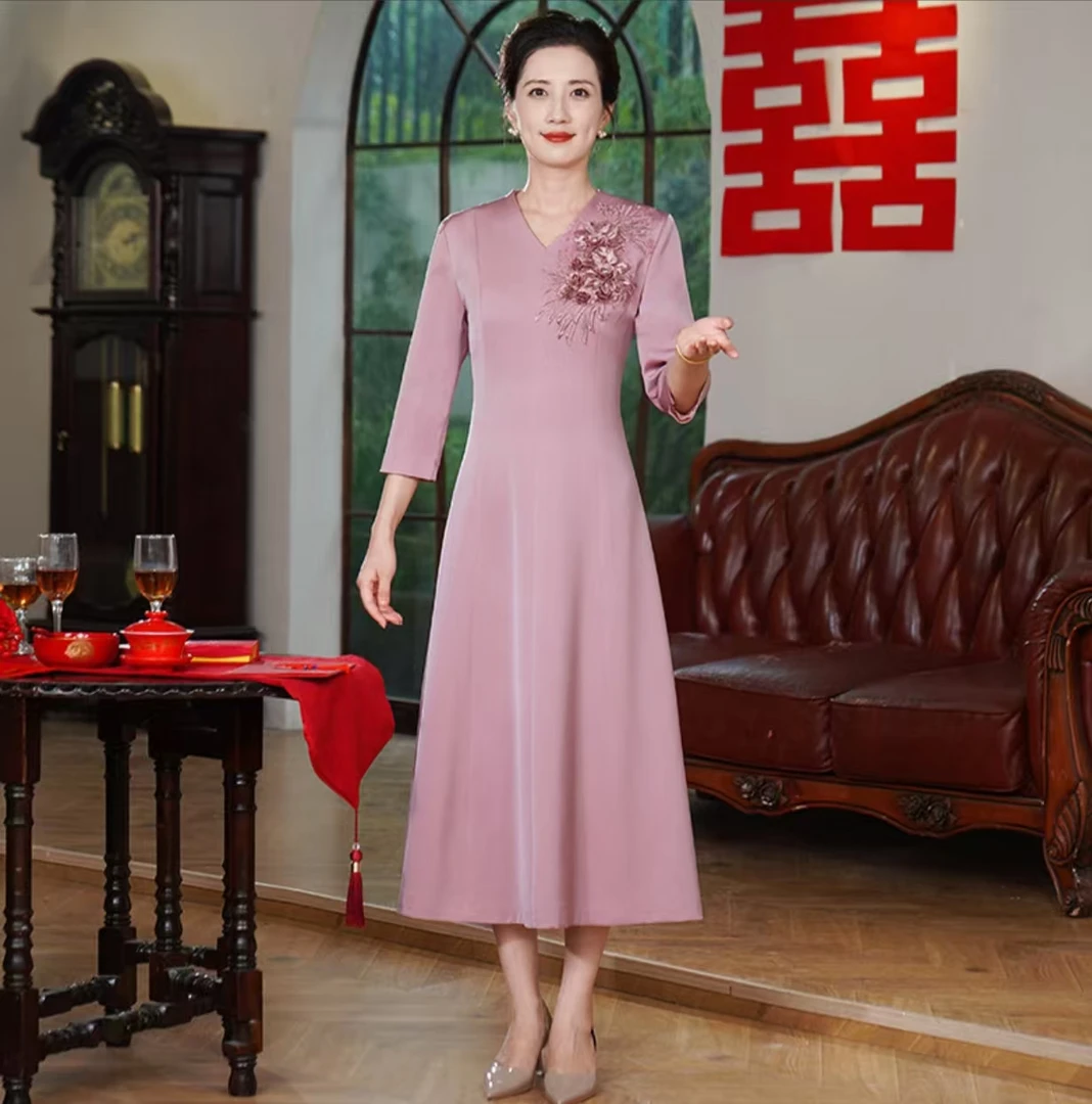 55542中老年气质宴会中长款修身显瘦夏季中国风婚宴喜婆婆礼服