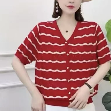 【名角服饰】【8953V领条纹】时尚休闲夏季显瘦气质百搭薄款