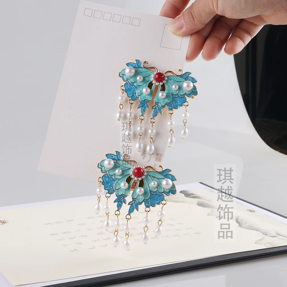 新中式古风蝴蝶珍珠流苏发夹女汉服发饰简约发卡古典国风烧蓝夹子