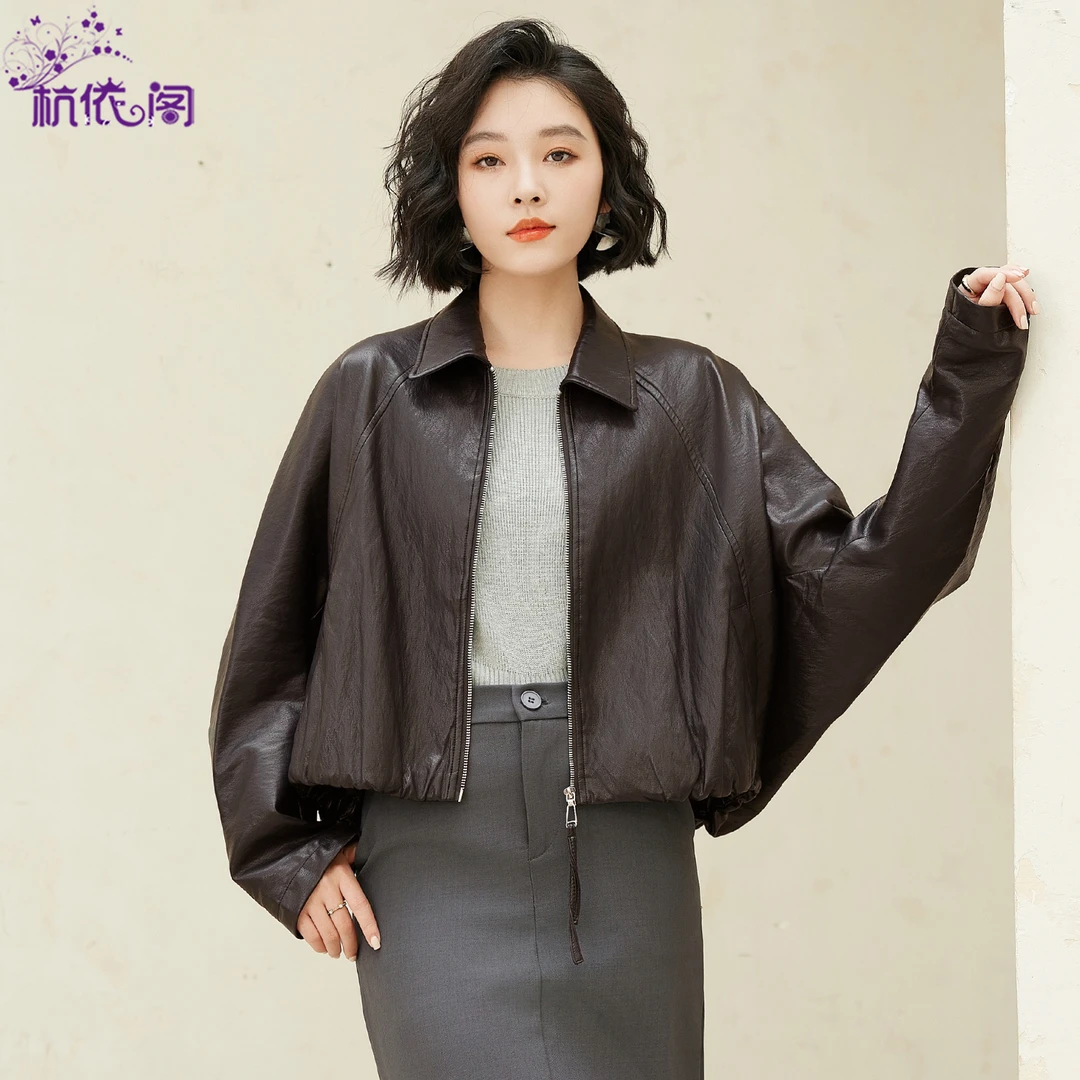 杭依阁棕色皮衣外套女短款2025秋季新款气质复古宽松休闲夹克上衣