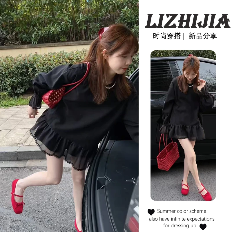 春季新款一整套洋气女装设计感拼接花边袖荷叶边宽松连衣裙