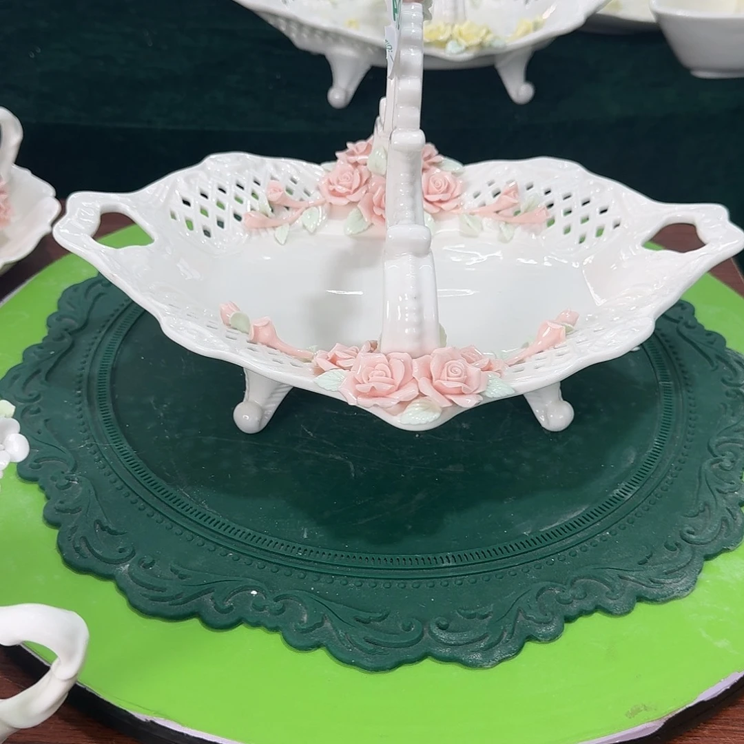 手工捏花高脚提篮水果盘