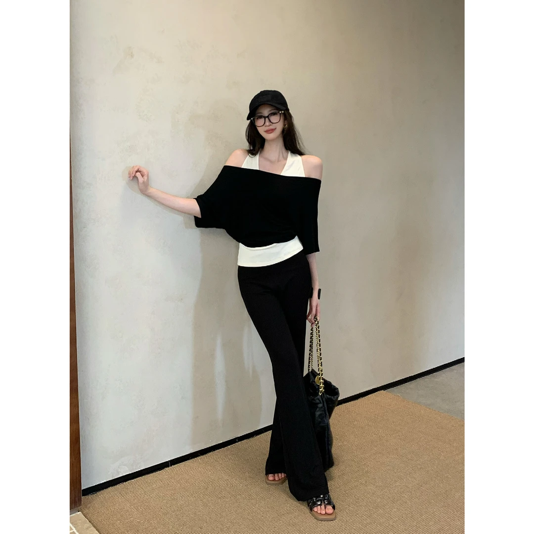 显瘦休闲通勤露肩假两件上衣 高腰松紧超模裤JD05SZXL781