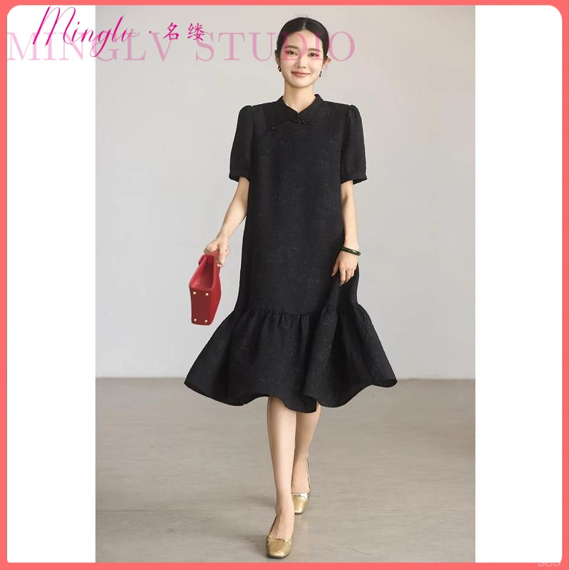 名缕气质新中式黑色新款2025年夏季连衣裙女中长裙