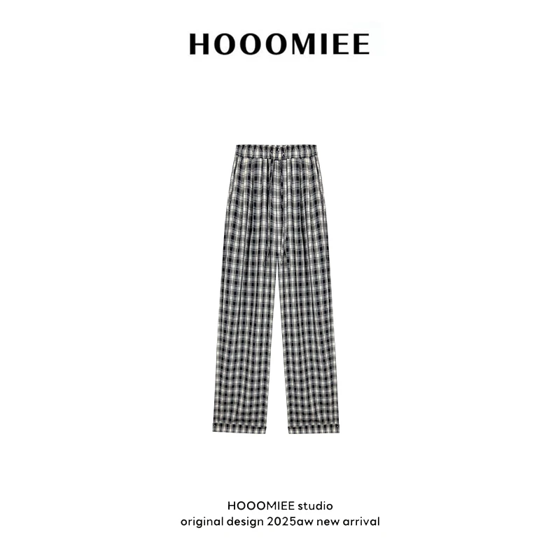 Hooomiee复古风夏季休闲百搭直筒黑白格长裤CK1106