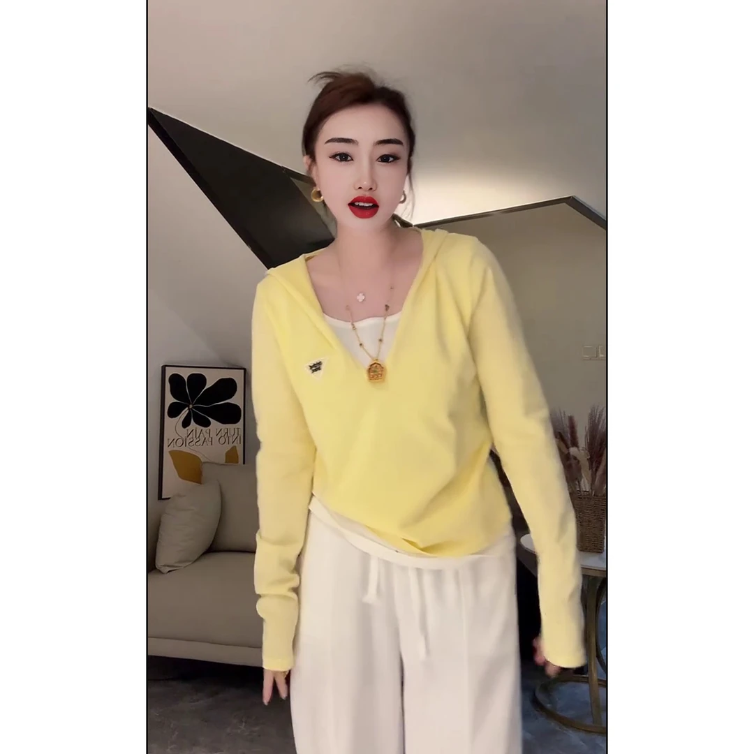 洋气减龄假两件连帽针织衫显瘦气质时尚宽松设计感休闲百搭韩版