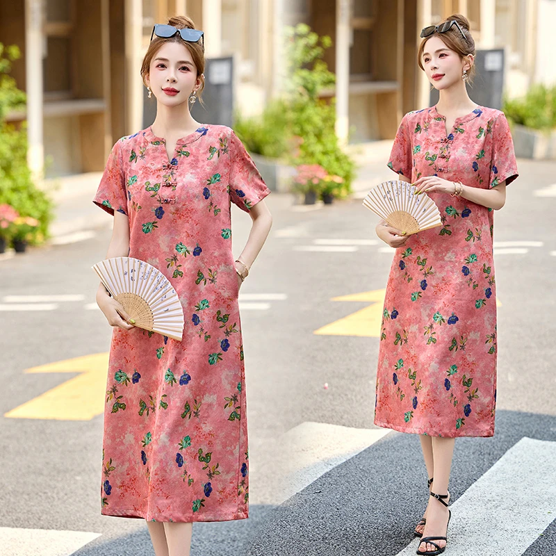 2025夏季新款时尚印花中长款连衣裙女款气质百搭显瘦V领短袖女装