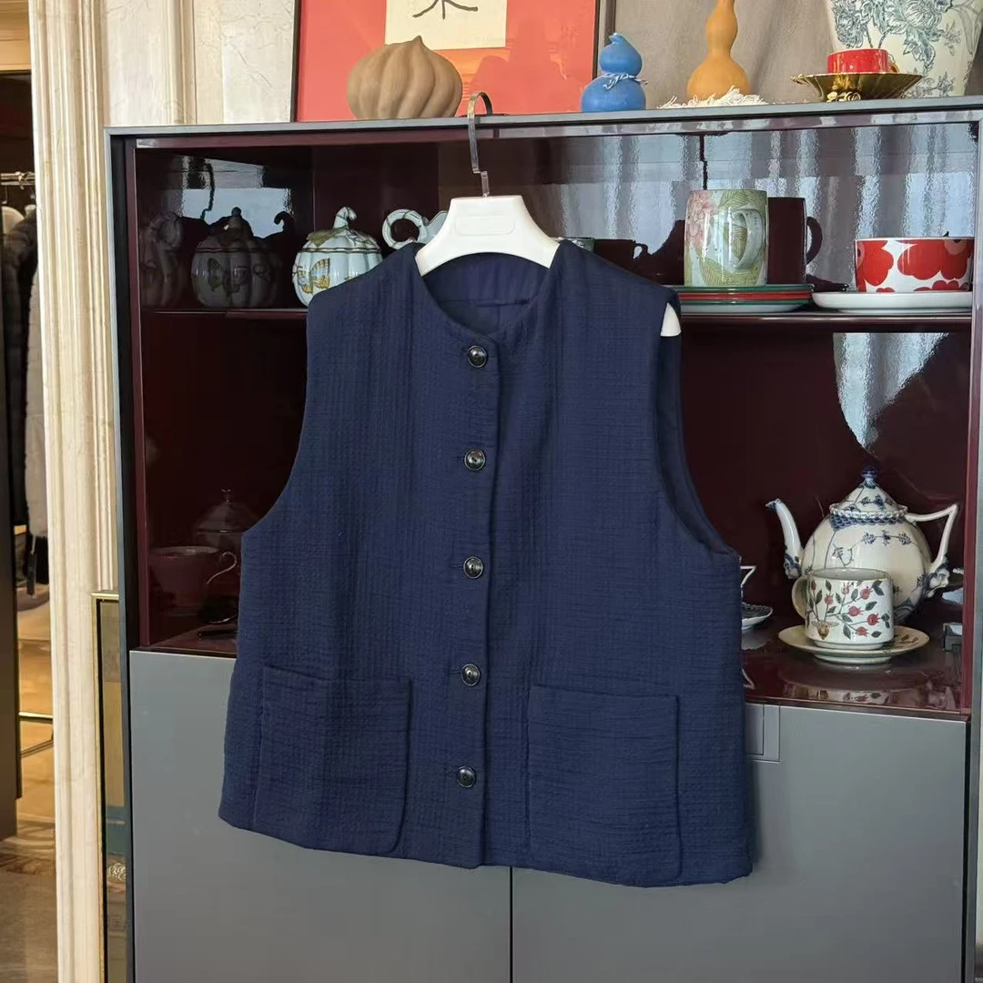 MYL 2025秋冬新品羊毛混纺藏青色夹棉马夹圆领无袖单排扣纯色马甲