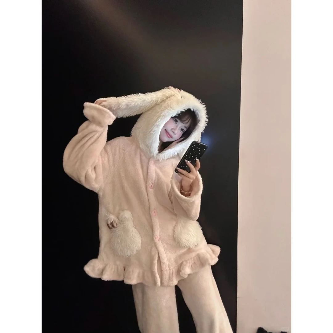 软糯小兔毛绒设计感连帽珊瑚绒睡衣女冬季新款加绒加厚保暖两件套