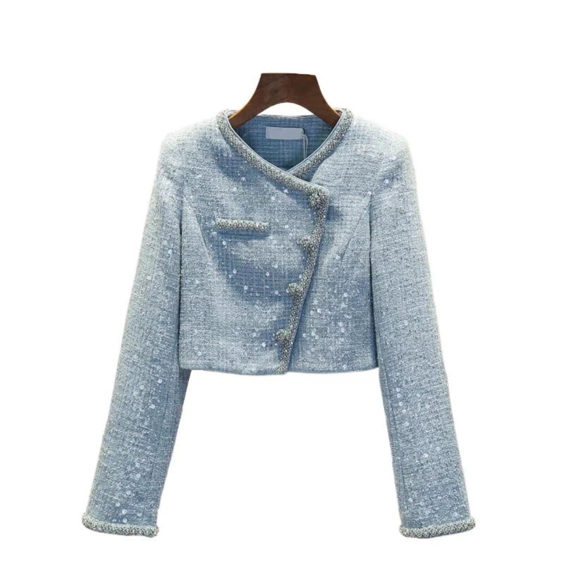 【李李推荐】2024早春新款重工亮片斜襟长袖开衫外套11500