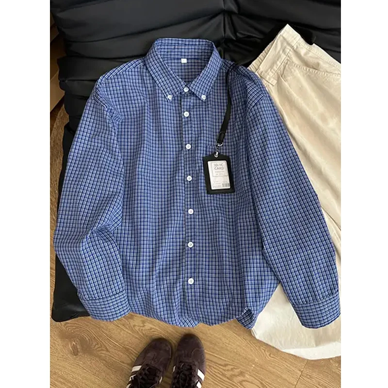 vintage蓝色格子长袖衬衫男款学院风高智感冰丝衬衣防晒格纹外套