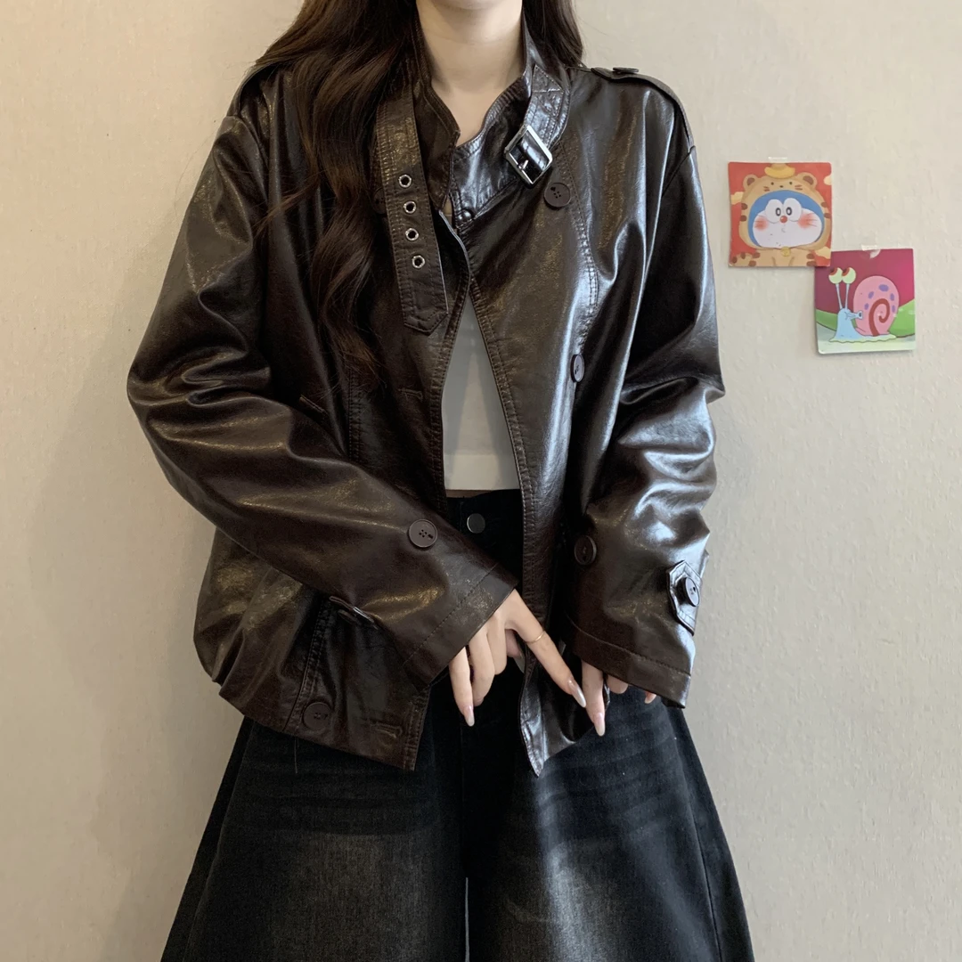 胖mm秋冬新款复古时髦立领双排扣气质时尚皮衣外套女减龄显瘦夹克
