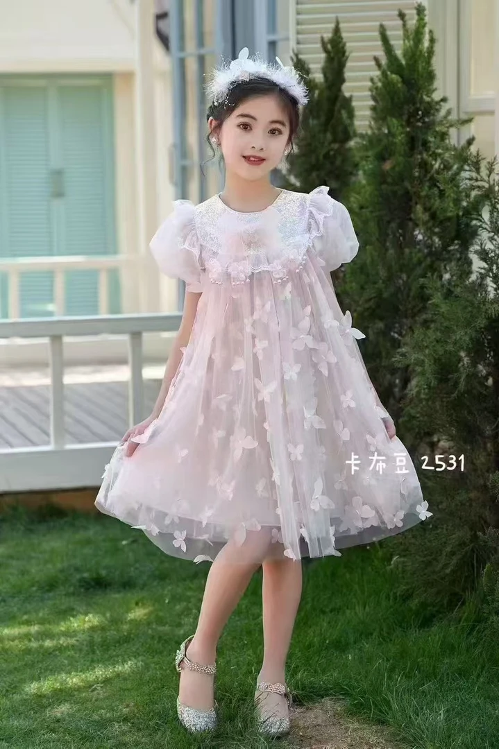 玥玥家~夏季亮片片立体小蝴蝶蕾丝洋气女童公主风纱裙