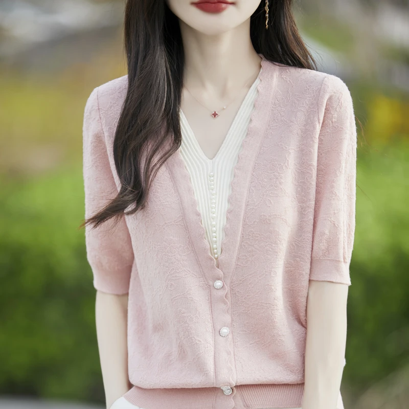 哥弟阿玛施正品新款轻奢优雅时尚假两件V领提花钉珠针织短袖女士