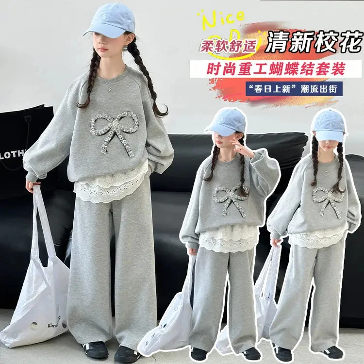 女童春秋套装2025新款中大童韩版蝴蝶结卫衣女孩休闲裤子两件套潮