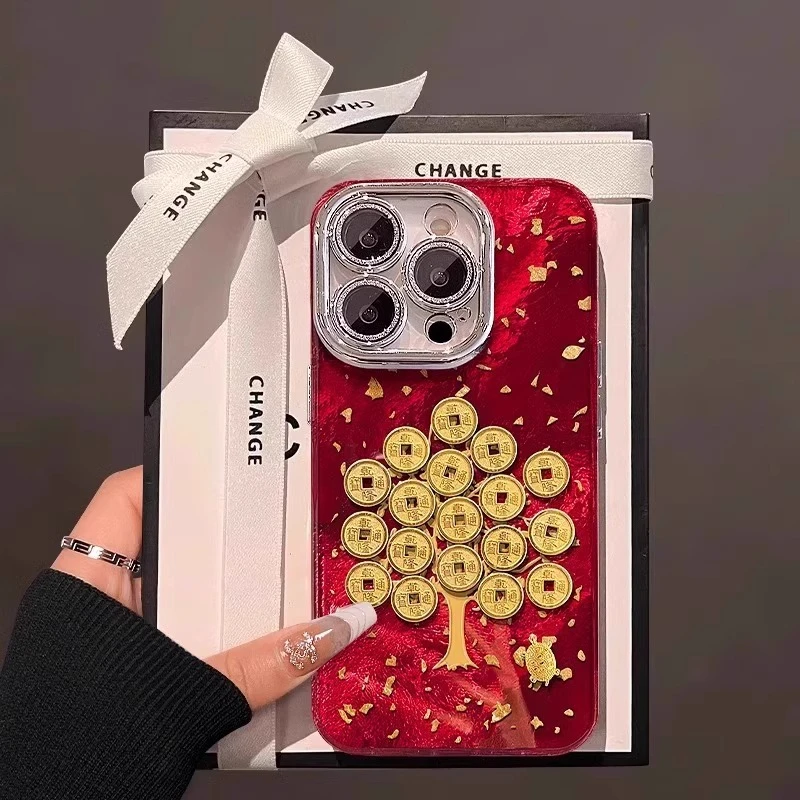 金色铜钱树适用苹果16promax手机壳新年喜庆iPhone15保护套14plus