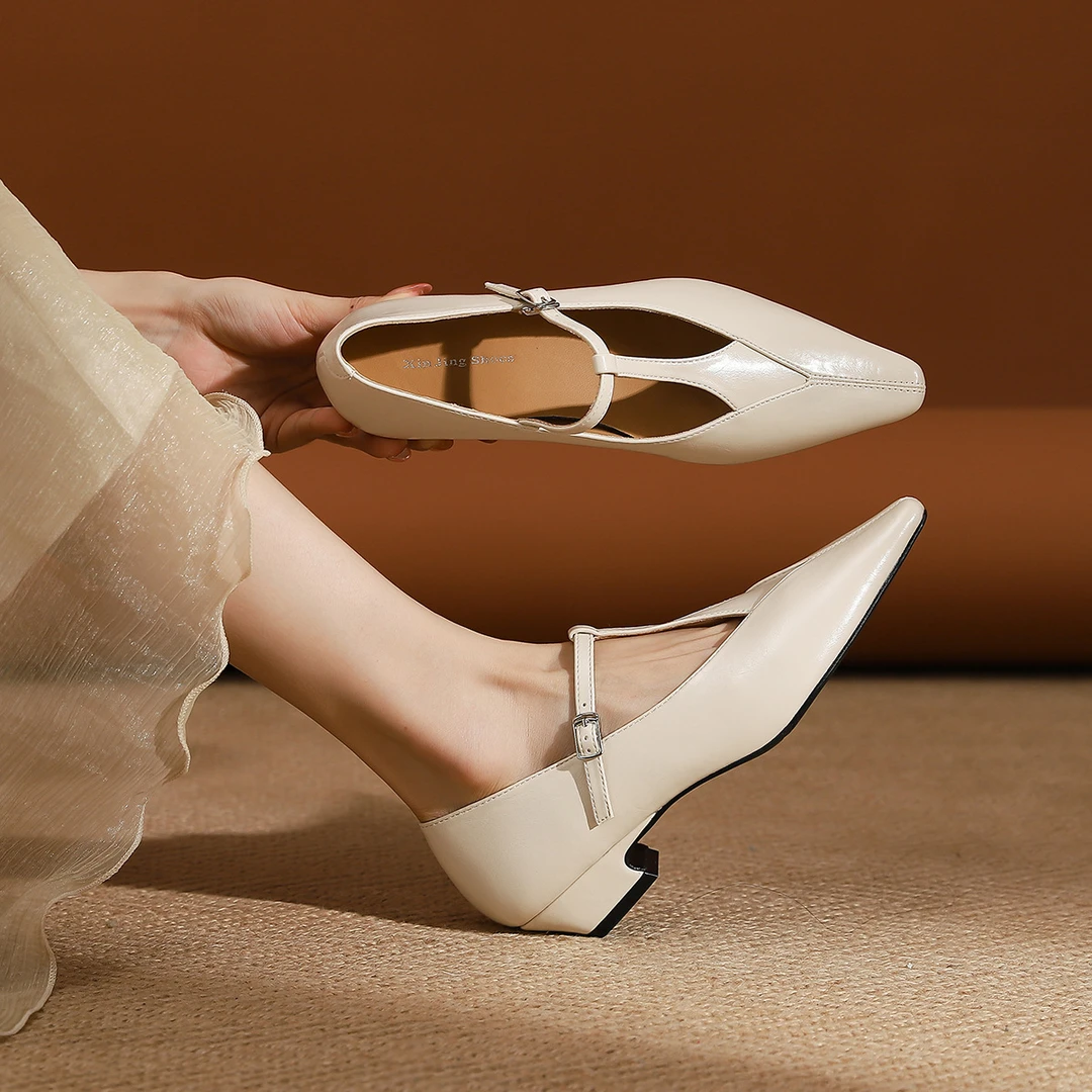 女士新款韩版百搭中跟高跟通勤水果低跟尖头工作少女单鞋皮鞋浅口