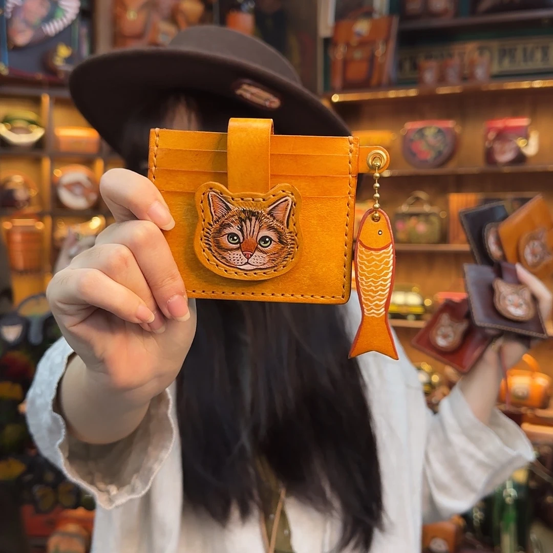 海***兔牦牛剖层皮革蜜糖色奶猫卡包