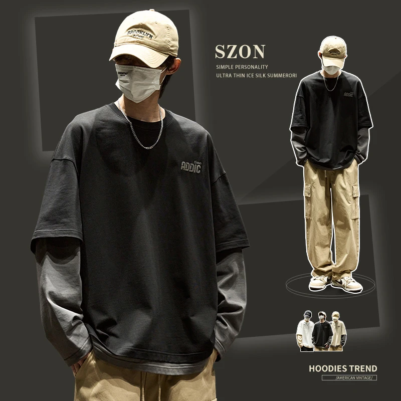 长袖t恤男春秋新款美式高街圆领加绒打底衫重磅宽松假两件卫衣ins