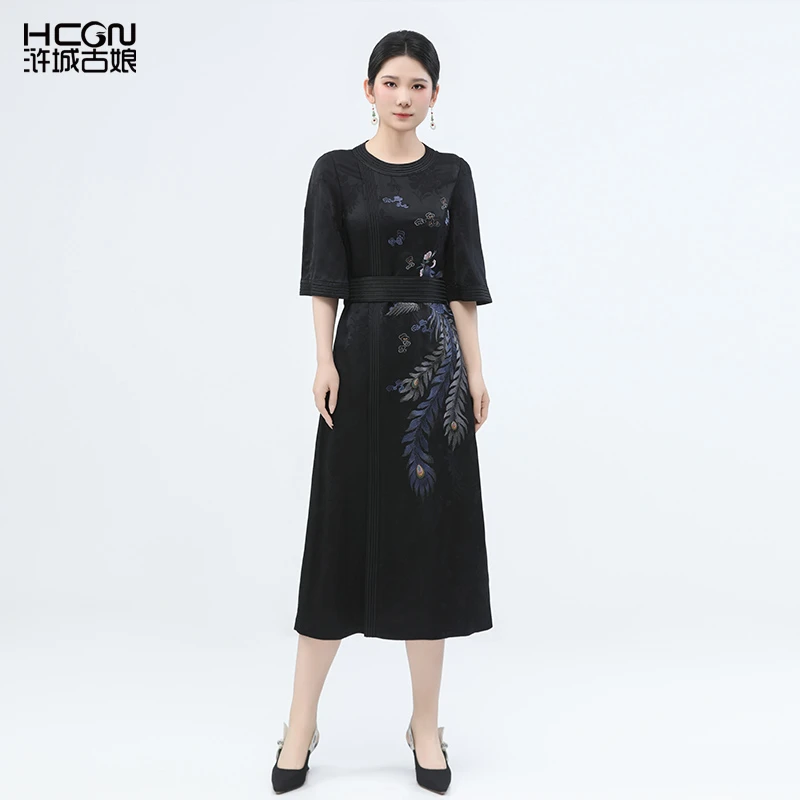 新中式国风轻奢高端女装裙子凤舞云天提花清凉长款连衣裙BCL17979