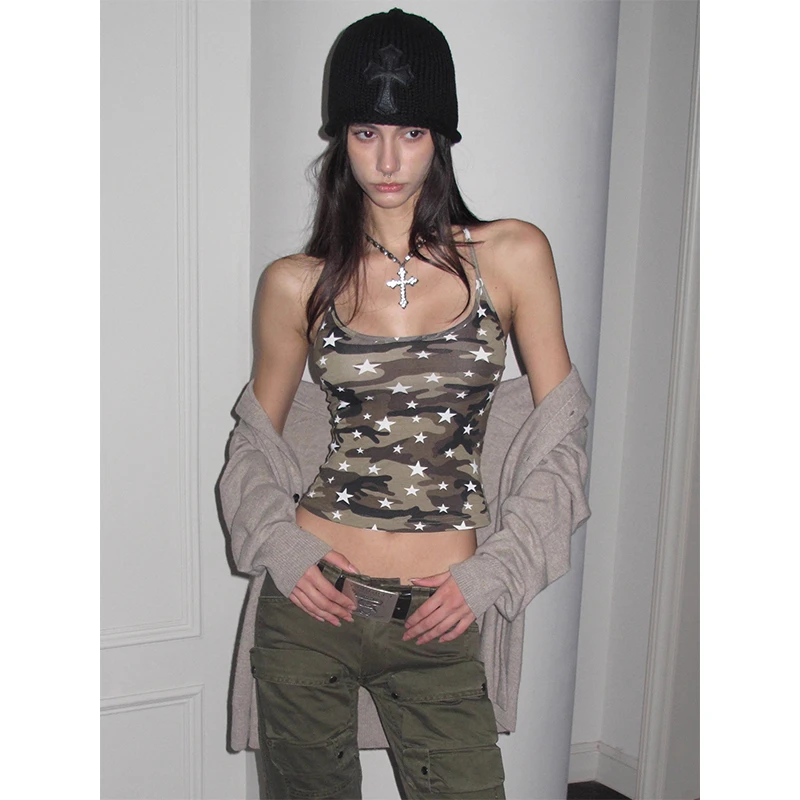 春夏新款短款紧身五角星迷彩吊带背心女上衣
