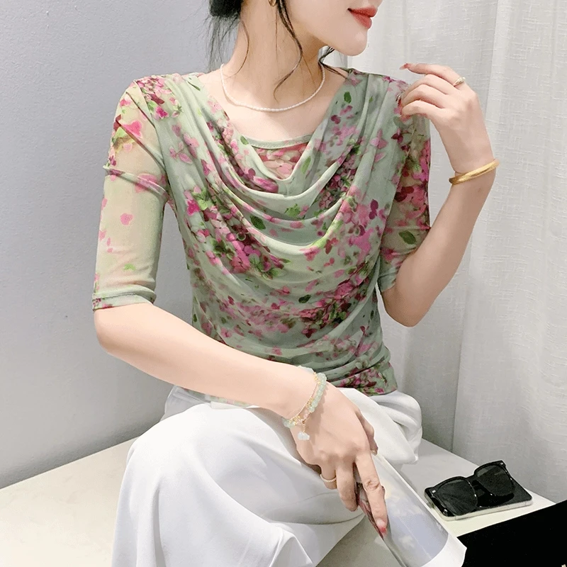 【自由鸟专属】2025新款夏款网纱印花碎花上衣时尚百搭半袖设计感