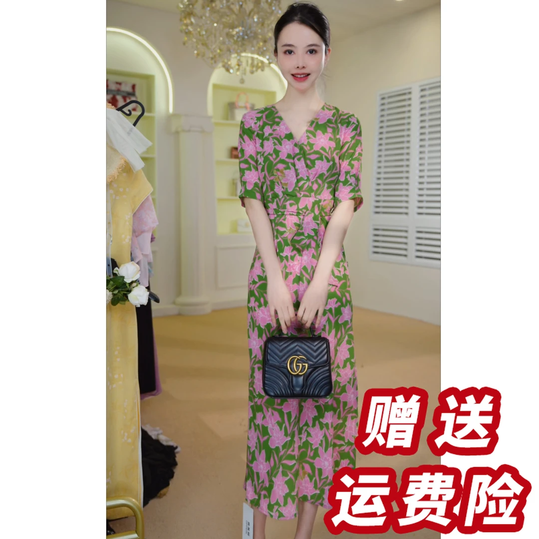 法式度连衣裙高腰系带长款开叉气质裙子夏J5260