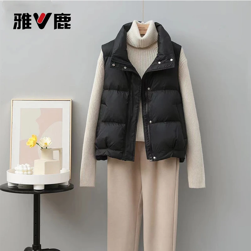 雅鹿经典款加厚马甲90白鸭绒立领女百搭休闲韩版短款羽绒服马甲