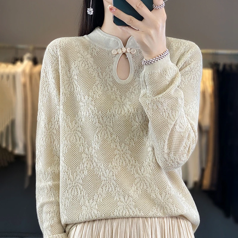 中式女装中国风蕾丝打底衫高级感针织毛衣