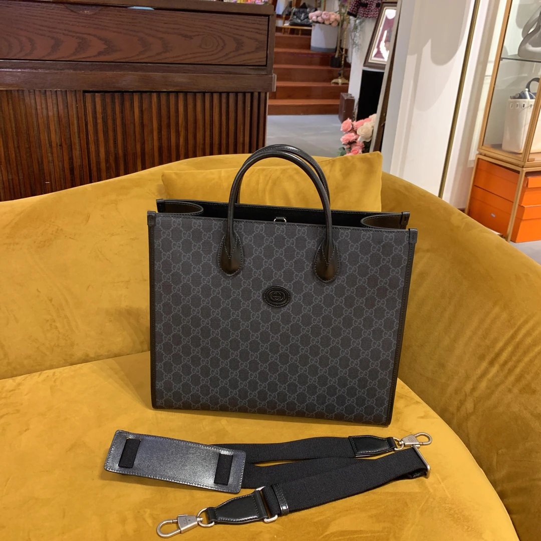 95新 GUCCI/古驰 GGStote中号黑色印花双G手提包83797796