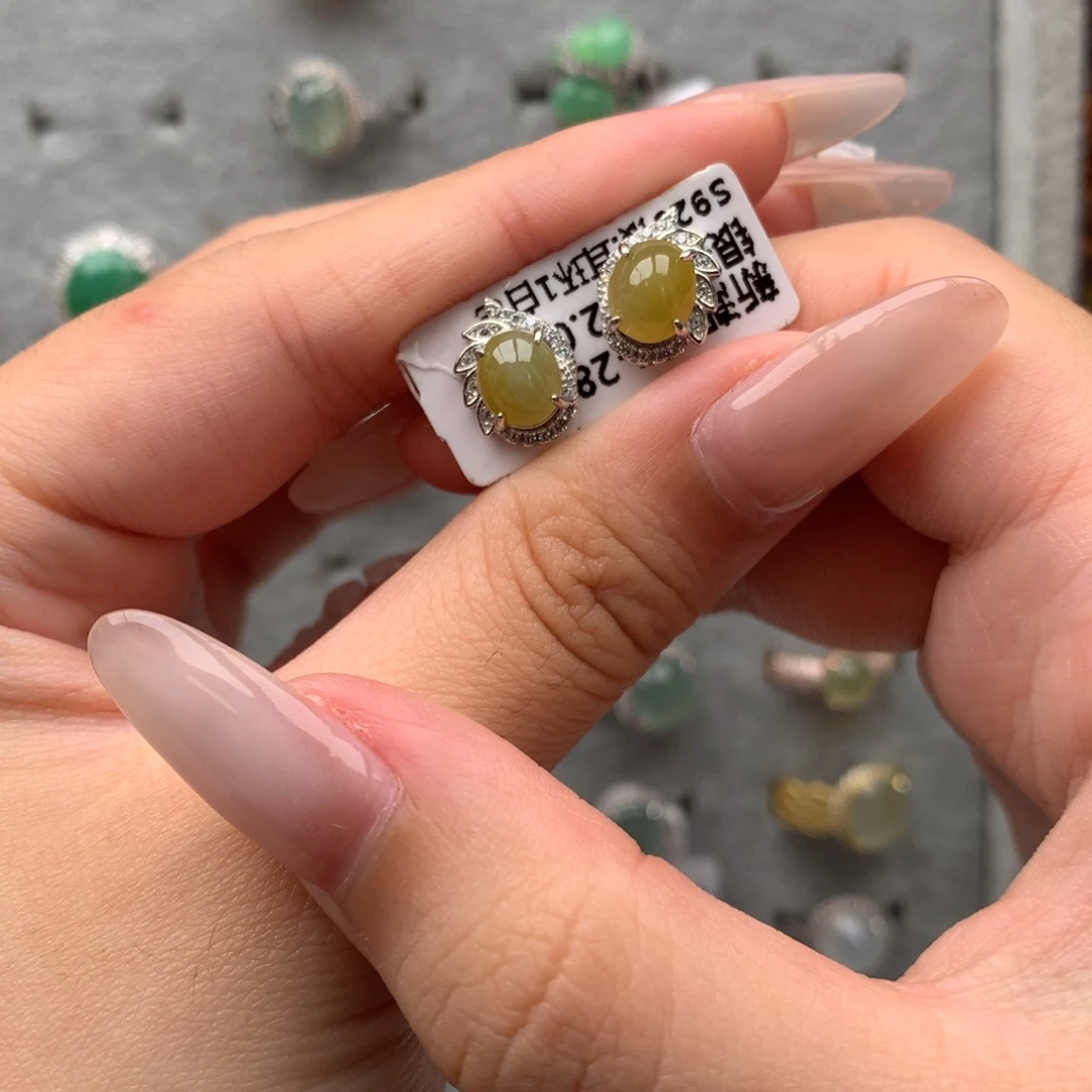翡翠银S925镶嵌戒指耳钉