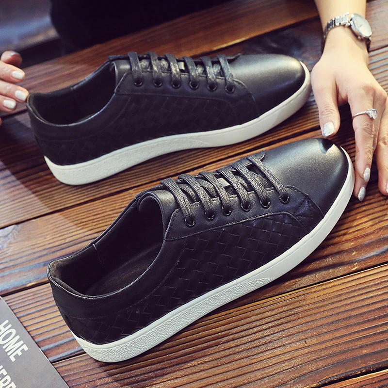 冬季编织真皮小黑鞋男2025新款韩版百搭休闲板鞋软底头层牛皮防滑