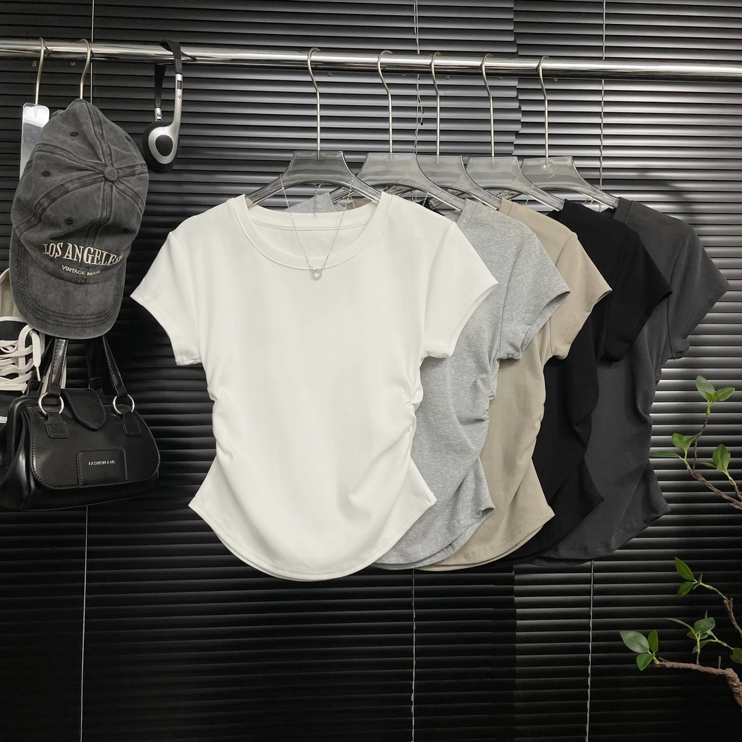【现货】夏季圆领V领设计感褶皱收腰百搭纯色显瘦短袖正肩t恤女