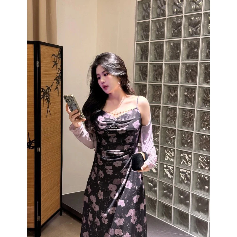 大码胖mm夏季新款收腰气质设计感开衫网纱连衣裙长袖中长裙女装