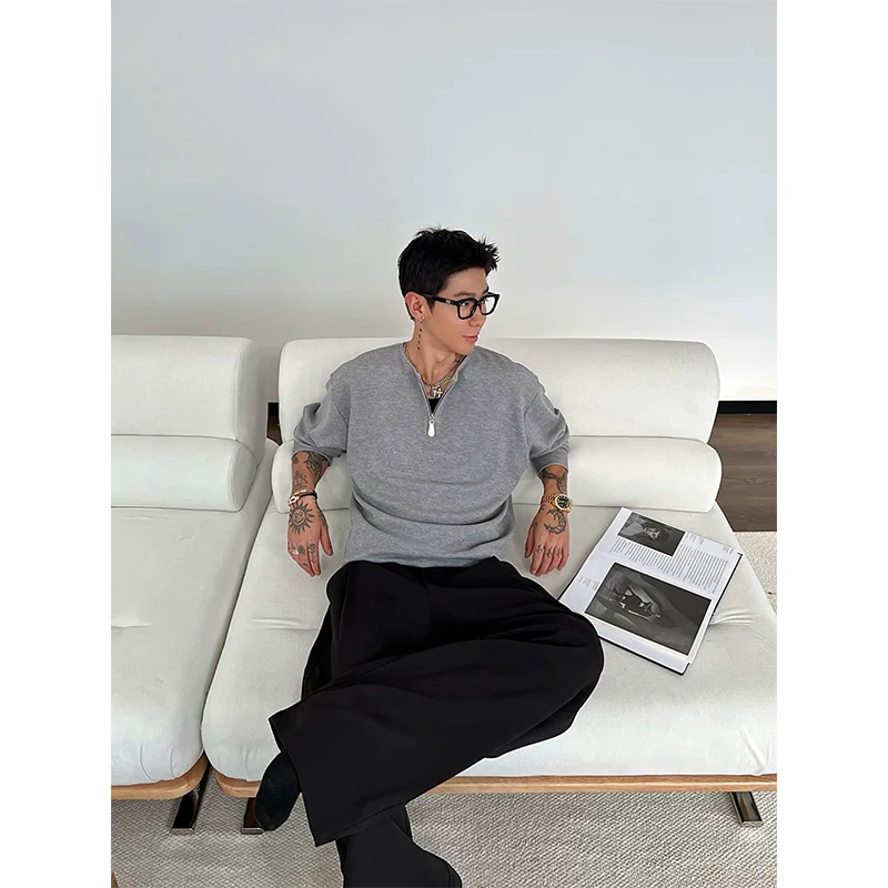 老钱风浅灰色半拉链卫衣男款秋季高级感长袖t恤美式v领内搭打底衫