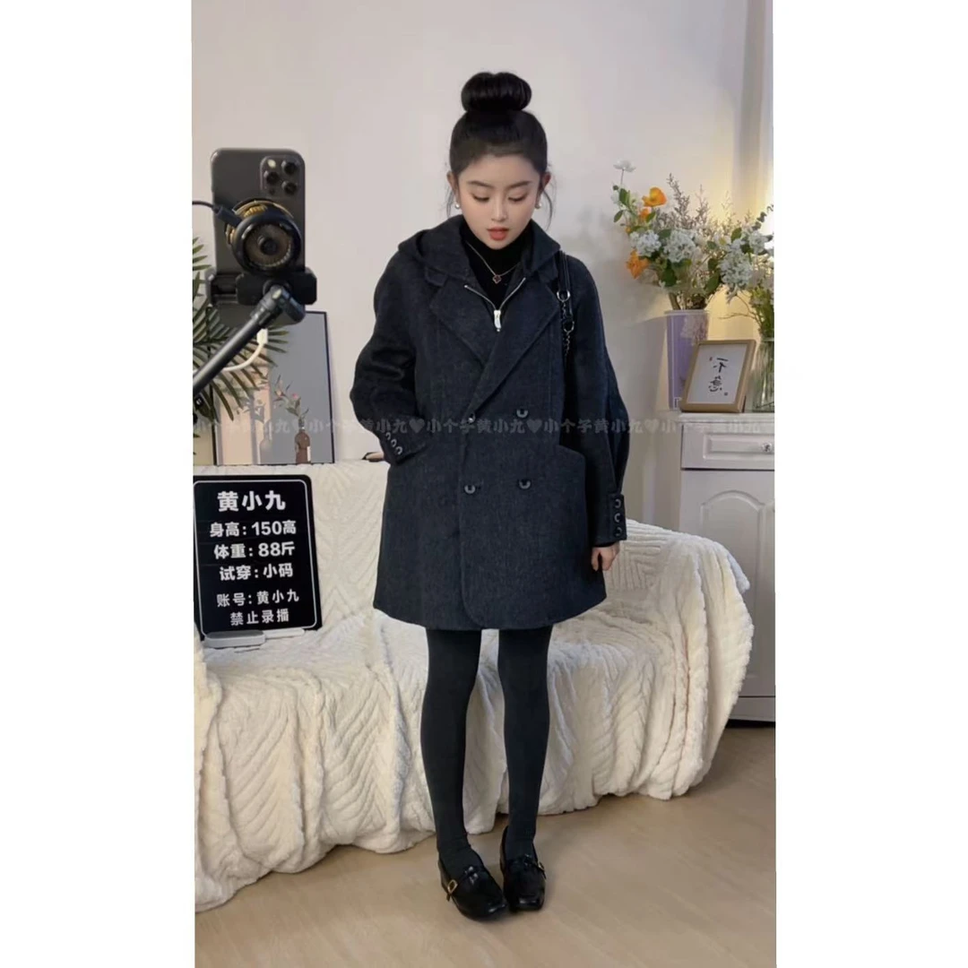 【黄小九定制】伊迪卡双面羊毛大衣连帽中长款宽松慵懒韩系百搭时尚