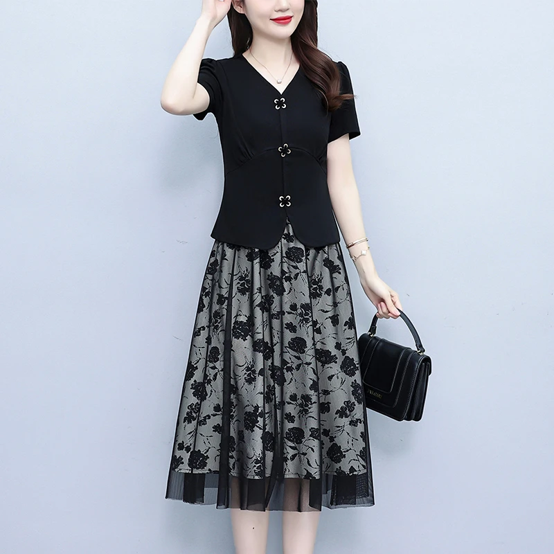 CD#1208 中妈妈时尚套装高级感两件套裙装显瘦夏季大码女上衣+半