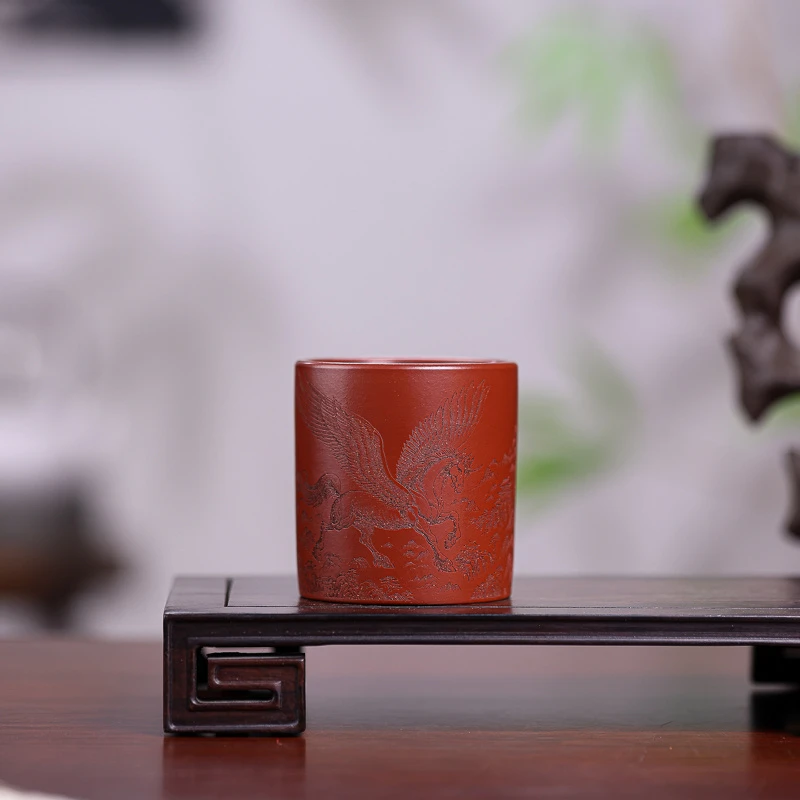 手工杯 | 宜兴紫砂杯  （天马行空）朱泥大红袍扳指主人杯