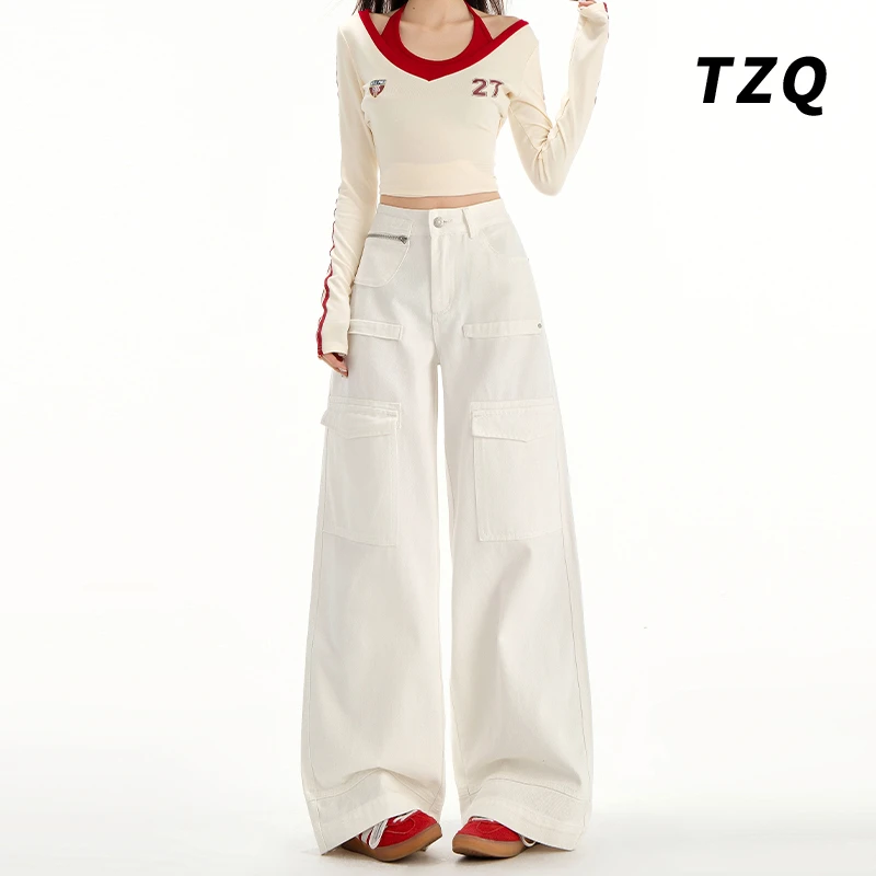 美式米白色多口袋工装牛仔裤女春秋新款百搭时尚阔腿裤TZQ2510904
