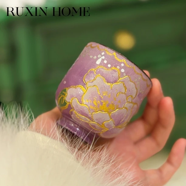 如馨·大漆·手绘油画陶瓷蝶恋花主人杯 龙旦杯 紫底