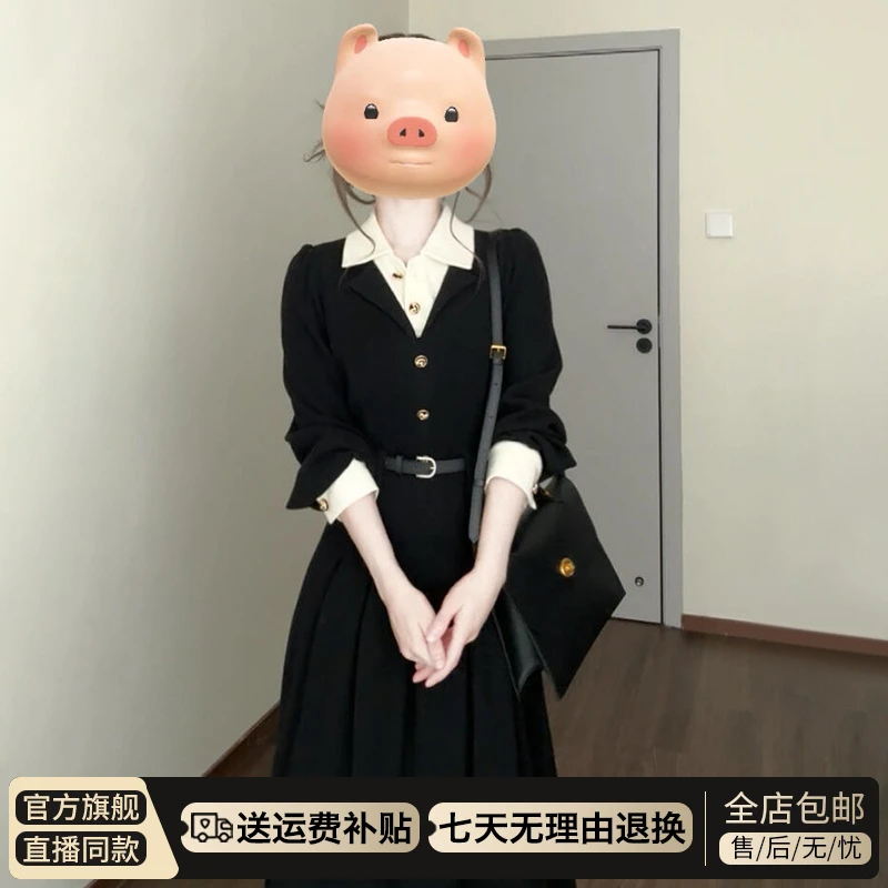 小香风黑色polo领连衣裙子早秋2025新款爆款教资面试收腰显瘦长裙